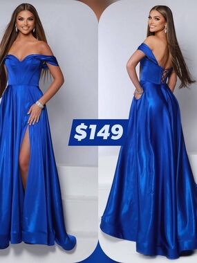 2 Cute Off-Shoulder Cobalt Blue Satin Prom Gown